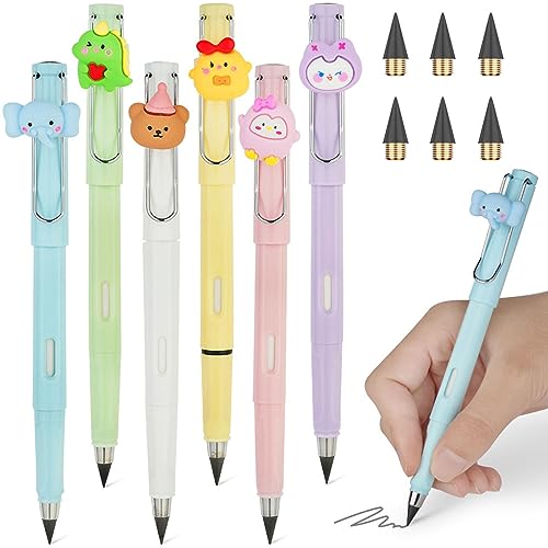 Ainiv 6 Sets Infinity Pencil Reusable Inkless Pencil No Sharpen Everlasting Pencil with Extra 6 Replaceable Nibs and 6 Cute Pencil Cups Infinite Pencil for Writing Drawing Home Office School Supplies - color: 6 Sets Macaron