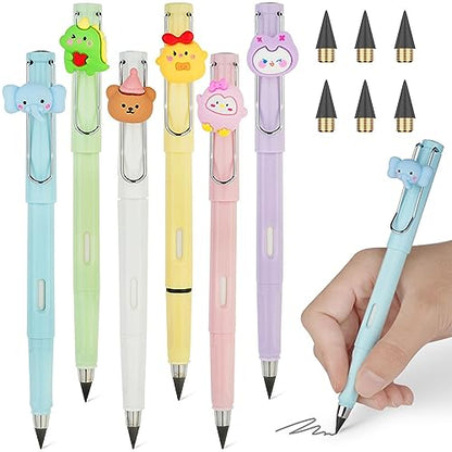 Ainiv 6 Sets Infinity Pencil Reusable Inkless Pencil No Sharpen Everlasting Pencil with Extra 6 Replaceable Nibs and 6 Cute Pencil Cups Infinite Pencil for Writing Drawing Home Office School Supplies - color: 6 Sets Macaron