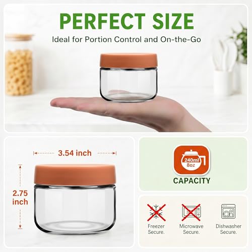 EONJOE 8 oz Small Glass Containers with Lids, Food Storage Jars, 6pk | Perfect for Chia Pudding Jam Snacks Yogurt Overnight Oats Candy ,Dishwasher safe,Airtight - size: 8oz