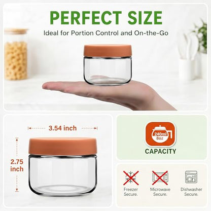 EONJOE 8 oz Small Glass Containers with Lids, Food Storage Jars, 6pk | Perfect for Chia Pudding Jam Snacks Yogurt Overnight Oats Candy ,Dishwasher safe,Airtight - size: 8oz