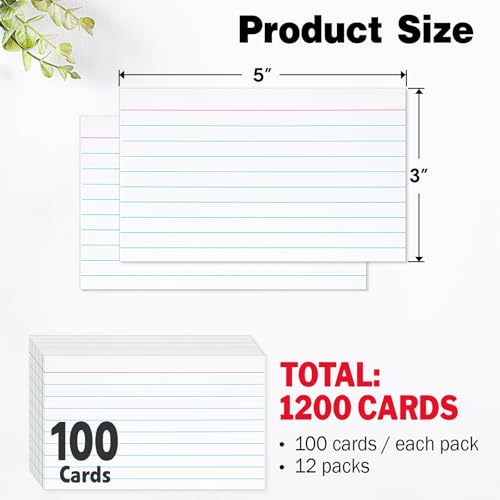 1200 PCS Index Cards Bulk, 3x5 Flash Cards for Studying, White Notecards Lined, Ruled Index Cards for School, Home and Office, 100 Per Pack, (12 Pack) - color: 12P