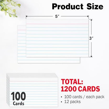 1200 PCS Index Cards Bulk, 3x5 Flash Cards for Studying, White Notecards Lined, Ruled Index Cards for School, Home and Office, 100 Per Pack, (12 Pack) - color: 12P