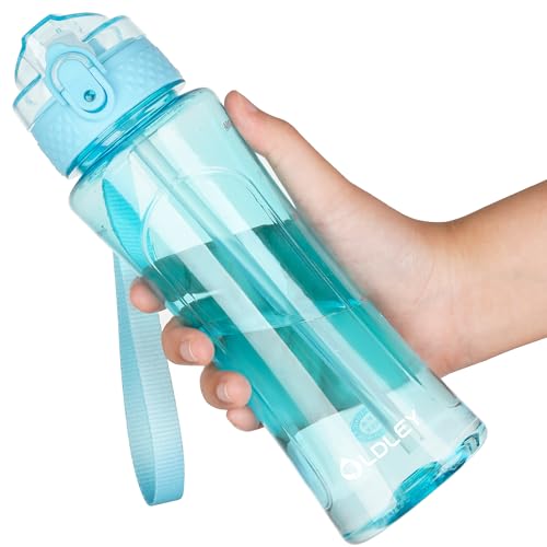 OLDLEY Kids Water Bottle with Straw 15 oz BPA-Free Leak-Proof Motivational Water Bottles with Time Marker for School Sports Travel Gym, Easy to Use for Girls Goys, 1 Straw Lid, Transparent-blue - color: A-Transparent Blue, style: Straw Lid