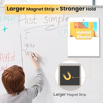 DALTACK 2 Pack Magnetic File Folder Holders, Large Vertical Pockets, White | Plastic magnetic file holder mounts without drilling for letters, documents and magazines on metal cabinets or refrigerators