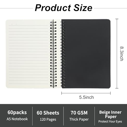 miikoul 60 Packs A5 Spiral Notebooks, Black Ruled Notebooks Bulk, 8.0"×5.6", 60 Sheets/120 Pages, Hardcover Lined Journal Notepad Travel Notebooks for Office and Back to School Supplies - color: Black, size: 60 Pack