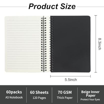 miikoul 60 Packs A5 Spiral Notebooks, Black Ruled Notebooks Bulk, 8.0"×5.6", 60 Sheets/120 Pages, Hardcover Lined Journal Notepad Travel Notebooks for Office and Back to School Supplies - color: Black, size: 60 Pack