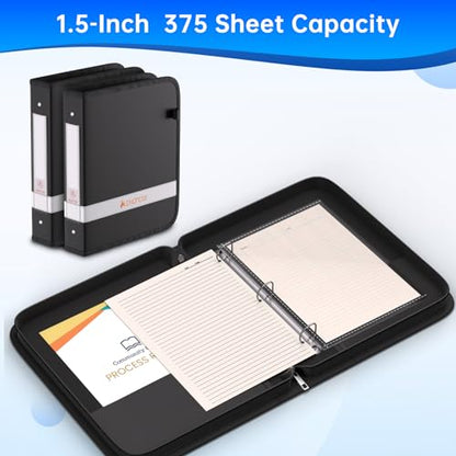 ENGPOW 3 Ring Binder,Fireproof 1.5 Inch D Ring Binder with Zipper,Holds 375 Sheets,Non-Stick,PVC-Free,Compatible with Clear Sheet Protectors,Portable School Office Home Safe Storage for Paper,Black - size: 1.5 inch