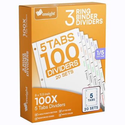 Ensight 3 Ring Page Dividers Bulk, 1/5 Cut Tab Dividers, 100 Per Box - Divider Pages with Tabs, Decorative Printable Rewritable Divider Tabs, Exhibit Tab Dividers for 3 Ring Binders Bulk - size: 5 Tabs With 20 Sets