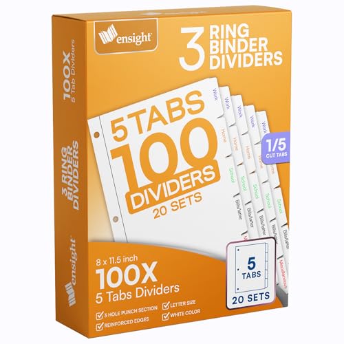 Ensight 3 Ring Page Dividers Bulk, 1/5 Cut Tab Dividers, 100 Per Box - Divider Pages with Tabs, Decorative Printable Rewritable Divider Tabs, Exhibit Tab Dividers for 3 Ring Binders Bulk - size: 5 Tabs With 20 Sets