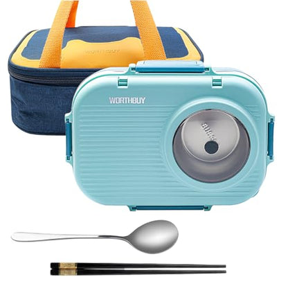 3 Compartments Bento Lunch box with Soup Bowl, Insulated Lunch Bag and Portable Utensils, Stainless Steel Camera Lunch Containers，Leak Proof Bento Box for Adults Men Women… - color: 900ml-Blue