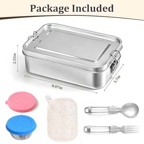 Qtencas Stainless Steel Lunch Box, 47oz / 1.4L Stainless Steel Bento Box | Metal Lunch Bento Box with Removable Dividers, Leakproof Condiment Containers, Dishwashing Sponge and Foldable Sporks - size: 47oz