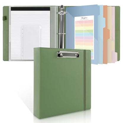 SKYDUE 3 Ring Binder with Clipboard, 2 Inch Binder, PU Clipboard Binder with Notepad & 5 Dividers with 5 Pockets, Labels, Clipboard Folder Great for School Office(Fit Letter Sized Paper) - color: Olivegreen, size: Letter Size - 2 Inch