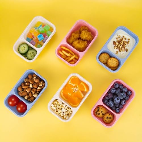 DOSEWART 6Pack 2-Compartment Reusable Snack Containers with Lids, Wheat Straw Reusable Snack Packs for Meal Prep Food Storage On-the-Go Snacking