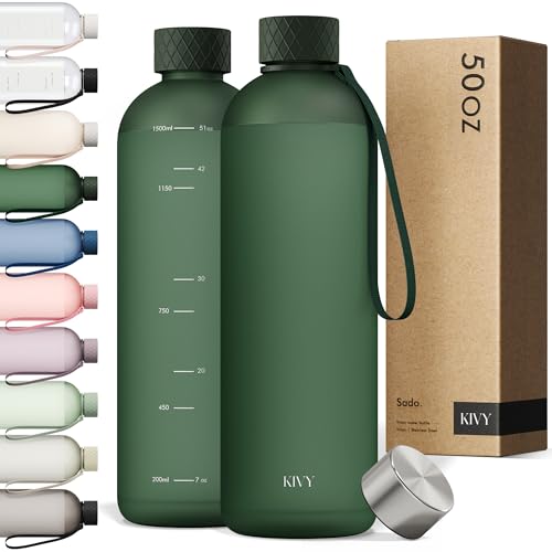 KIVY Large Water Bottle 50oz [Lightweight & Shatterproof] Fits Backpack & Cupholder for Travel, Sports, School - Extra large water bottle no straw - 1.5 Liter water bottles - 50oz Water bottle Green - color: 01 Dark Green, size: 50oz
