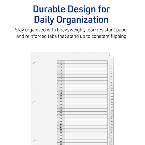 Avery 1-31 Dividers for 3 Ring Binders, 31 Tabs per Set, Customizable Table of Contents, Classic White Tabs, Great for Organizing Reports, Projects, and More (6 Sets of 11827) - size: One Size, style: 6 Set