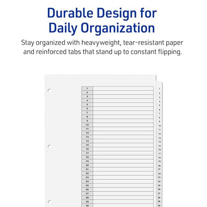 Avery 1-31 Dividers for 3 Ring Binders, 31 Tabs per Set, Customizable Table of Contents, Classic White Tabs, Great for Organizing Reports, Projects, and More (6 Sets of 11827) - size: One Size, style: 6 Set