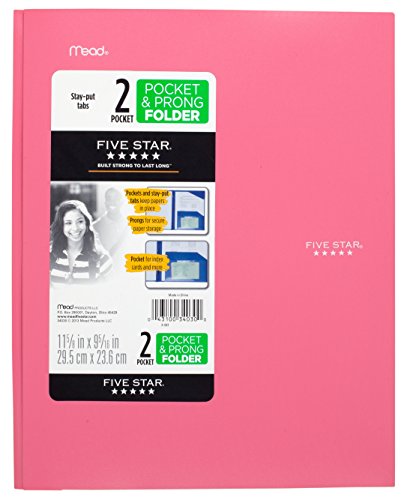 Five Star 2-Pocket Folder, Stay-Put Folder, Plastic Colored Folders with Pockets & Prong Fasteners for 3-Ring Binders, For Home School Supplies & Home Office, 11” x 8-1/2”, Pink (72105) - color: Pink