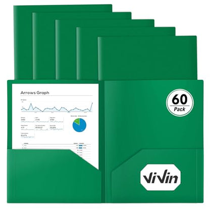 ViVin 60-Pack Green Plastic Folders with Pockets, Fits 8.5 x 11 Inch Letter Size Papers, Sturdy 2 Pocket Folders, Plastic Pocket Folder for Home School and Office - color: Green, size: 60 PACK