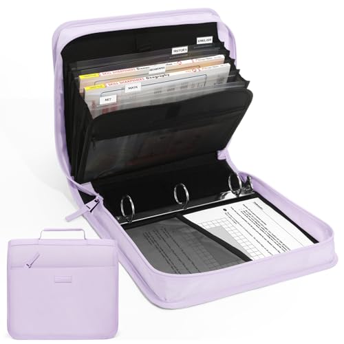 Zipper Binder with Handle, 1.5 Inch O-Ring, 325 Pages Capacity, with 5-Tab Expanding File Folder for Classified Storage, Small Size Lightweight Zipper Bag for Middle School Students, Lavender Purple - color: Lavender Purple