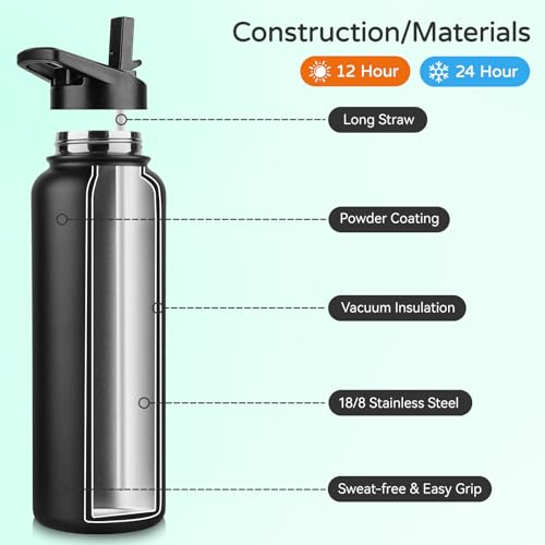 DOMICARE 40 oz Insulated Water Bottle, Vacuum Insulated Stainless Steel Sports Water Bottle with Straw Lid & Spout Lid, Leakproof, Reusable - Travel, Camping, Bike, Black - color: Black, size: 40 Ounces