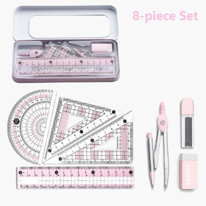 Math Geometry Tool Kit for Students – 8-Piece Compass Protractor Ruler Set with Metal Case, Anti-Myopia Office School Drawing Supplies (Pink) - color: Pink