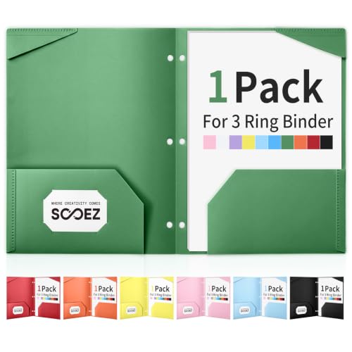 Sooez 2-Pocket Folders, Plastic Folders with Pockets 3 Hole Punched | 1 Pack Pockets Folder for 3 Ring Binder with Labels, Binder Folder for Document, Letter Size File Folder,Dark Green - color: Dark Green, size: 1 Pack