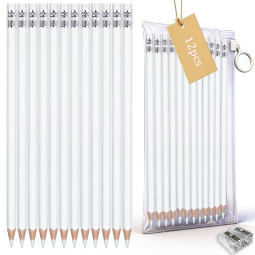 Adhere White Colored pencils 12pcs Erasable Pencils Pre-Sharpened #2 HB,for Checking Tests Grading,Map Coloring,editing Office Favors,including a Free sharpener - color: White