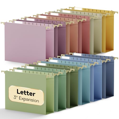 Plastic Heavy Duty 3" Expanding Hanging File Folders Letter Size | 12 Pack High Capacity Hang Accordion Folder,Sturdy Filing Cabinet Folder with Tabs,Pastel Hanging Organizer for Bulky Files - size: 3" Expansion