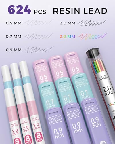 Four Candies 36PCS Mechanical Pencil Set with 624 Lead Refills (Purple) | 0.5mm - 2.0mm Mechanical Pencils, Aesthetic School Supplies for Writing, Drawing, Drafting , Note-Taking & Back to School - color: Purple