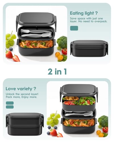 BiuLeon Bento Box Adult Lunch Box, 65 Oz Capacity Lunch Containers(Adjustable 2/3 Tier), BPA-Free, Leak-Proof and Stackable Bento Lunch Box, Microwave & Dishwasher Safe with Utensils(Black) - color: Black