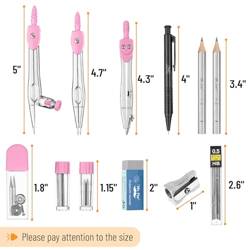 Mr. Pen- Geometry Set, 15 pcs, Pink, 6 Inch Swing Arm Protractor, Divider | Set Squares, Ruler, Compasses and Protractor - color: Pink