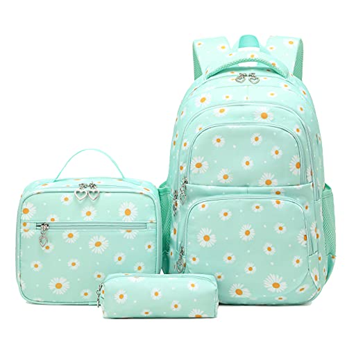 Glodwheat Daisy Printed Backpack For Girls- 3Pc Set With Lunch Box & Pencil Case, Lightweight Water-Resistant Bookbag For Elementary School - color: Green