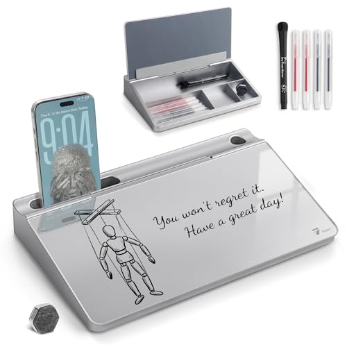 TOWON Glass Desktop Whiteboard with Storage 12x7 in, Metallic Silver | Glossy metallic mirror finish, 5 markers, eraser and holder included, dry erase surface for the office or home desk - color: Metallic Silver