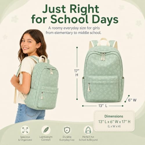 BTOOP School Backpack for Teens Large Cute Bookbag Lightweight 15.6 inch Laptop Bag for Girls Women Casual High School College - color: Green Floral