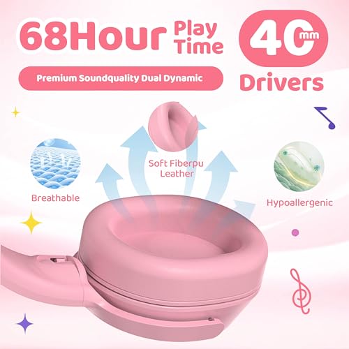 MIDOLA Headphones for Kids Bluetooth 5.4 Wireless 68H Play Time Volume Limit 85/94dB Over-Ear Foldable Headset,with Mic Wired Aux for Toddler Child Boy Girl School Pad Tablet Pink - color: Pink