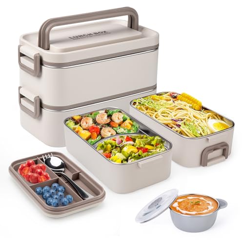 Bento Box Adult Lunch Box, Stackable 2 Layer 304 Stainless Steel Lunch Container for Adults Kids Office, 2L Capacity Portable Lunch Box Containers with Soup Bowl Spoon and Fork - size: 2 Layers