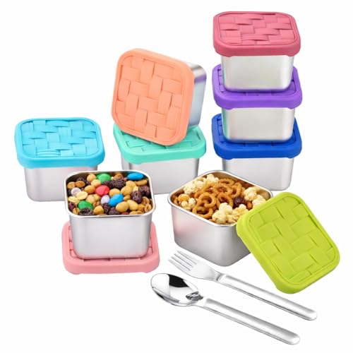 8PC 6oz Stainless Steel Snack Containers with lids, BPA-Free Metal Kids Snack Cups with Fork and Spoon, Leakproof Lunch Box Containers，Resuable Baby Food Storage Bowl - color: Deep Tones