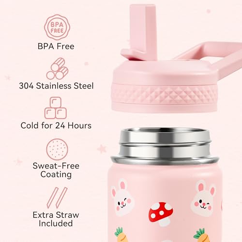 Fijinhom 12 oz Kids Water Bottle, Toddler Water Bottle with Straw, Boys&Girls Bottle for School, 304 Stainless Steel Vacuum Insulated Bottle for Kids, BPA-Free, Leak-Proof, Rabbit - color: Rabbit