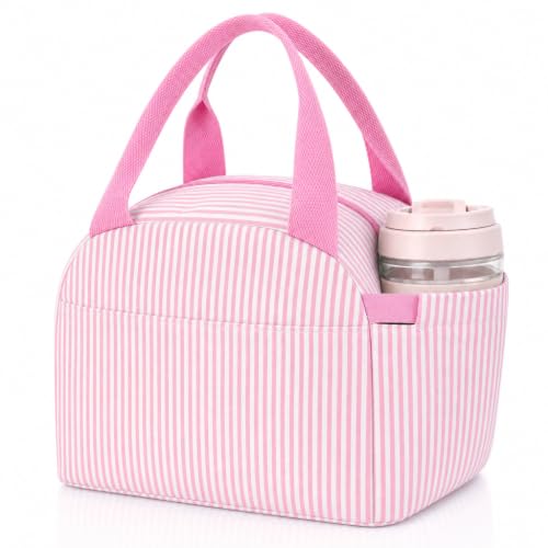 Insulated Lunch Bag for Women, Reusable Lunch Box Tote for Work & Office, Portable Leakproof Cooler Bag Roomy Adult Lunch Bags for Travel, Picnic & Daily Meals, Light Pink Pinstripe - color: Light Pink Pinstripe, size: M