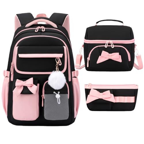 Girls School Backpack with Lunch Box Pencil Case Set, Cute Middle School Bag Teen Girls Backpack Bookbag for Kids, 3pcs Black Pink - color: 3pcs Black-pink