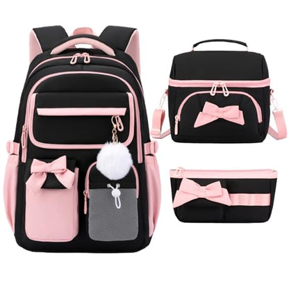 Girls School Backpack with Lunch Box Pencil Case Set, Cute Middle School Bag Teen Girls Backpack Bookbag for Kids, 3pcs Black Pink - color: 3pcs Black-pink