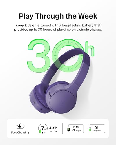 Belkin SoundForm Mini - Wireless Bluetooth Kids Headphones, 30H Battery, 85dB Safe Volume Limit, Built-in Microphone - Toddler On-Ear Earphones for iPhone, iPad - Ideal for School - Purple w/Case - color: Purple, style: Wireless (USB-C) + Case