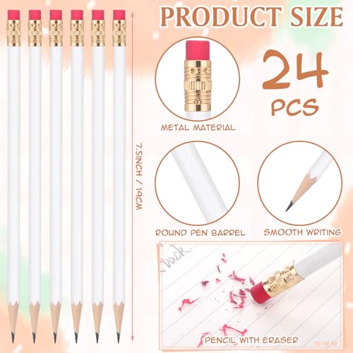 24 Pcs Round Pencils with Eraser 2 HB Cute Pencils Bulk for School Graphite Wood Color Unsharpened Pencil for Drawing Sketching Wedding School Teacher Supplies Student Reward(White) - color: White