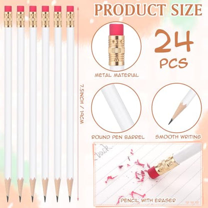 24 Pcs Round Pencils with Eraser 2 HB Cute Pencils Bulk for School Graphite Wood Color Unsharpened Pencil for Drawing Sketching Wedding School Teacher Supplies Student Reward(White) - color: White