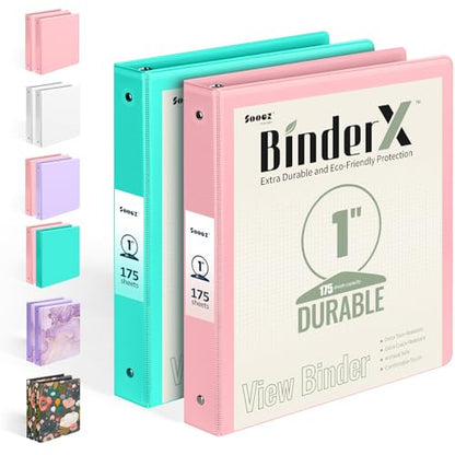 2 Pack BinderX Extra Durable 3 Ring Binder, 1 Inch Binder Round Rings, Fits 350 Sheets of 8.5x11 Paper, Customizable View Cover with Inside Pockets, Cute 1 Inch Binders 3 Ring, Pink & Aqua Blue - color: Pink & Aqua Blue, size: 1 Inch