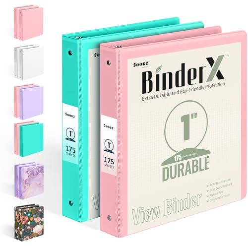 2 Pack BinderX Extra Durable 3 Ring Binder, 1 Inch Binder Round Rings, Fits 350 Sheets of 8.5x11 Paper, Customizable View Cover with Inside Pockets, Cute 1 Inch Binders 3 Ring, Pink & Aqua Blue - color: Pink & Aqua Blue, size: 1 Inch