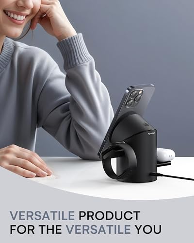 ZEEHOO 3 in 1 Charging Station for Apple Devices, Mag-Safe Charger Stand, Qi2 15W Auto-Rotating Wireless Charger for iPhone 17 16/15/14/13/12 Series& AirPods& iWatch(Black) - color: Black