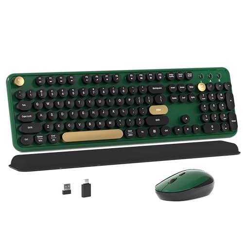 Colorful MPTOG Wireless Computer Keyboard and Mouse Combo (Dark Green) | Retro Round Typewriter Keycaps, Power Switch, Ergonomic Design, 2.4GHz Wireless for Windows, Mac, PC - color: Black-Dark Green