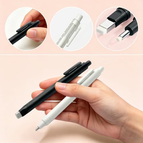 4 Pack Retractable Mechanical Eraser Pen Set (2 Black, 2 White) with 20 Refills (10 Rectangular, 10 Round Tips), Precision Erasers for Artists Drawing, Office & Students - color: Black+white