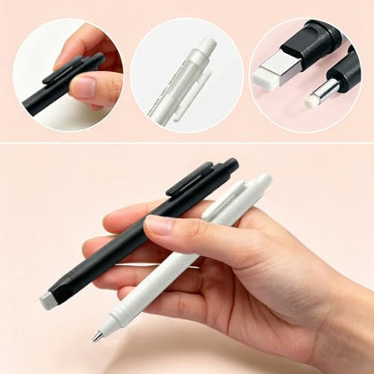4 Pack Retractable Mechanical Eraser Pen Set (2 Black, 2 White) with 20 Refills (10 Rectangular, 10 Round Tips), Precision Erasers for Artists Drawing, Office & Students - color: Black+white